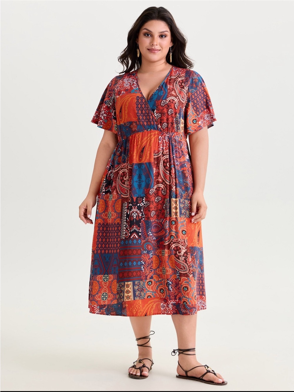BloomChic V-Neck Patchwork Print Wrap Midi Dress size 1X (14-16)